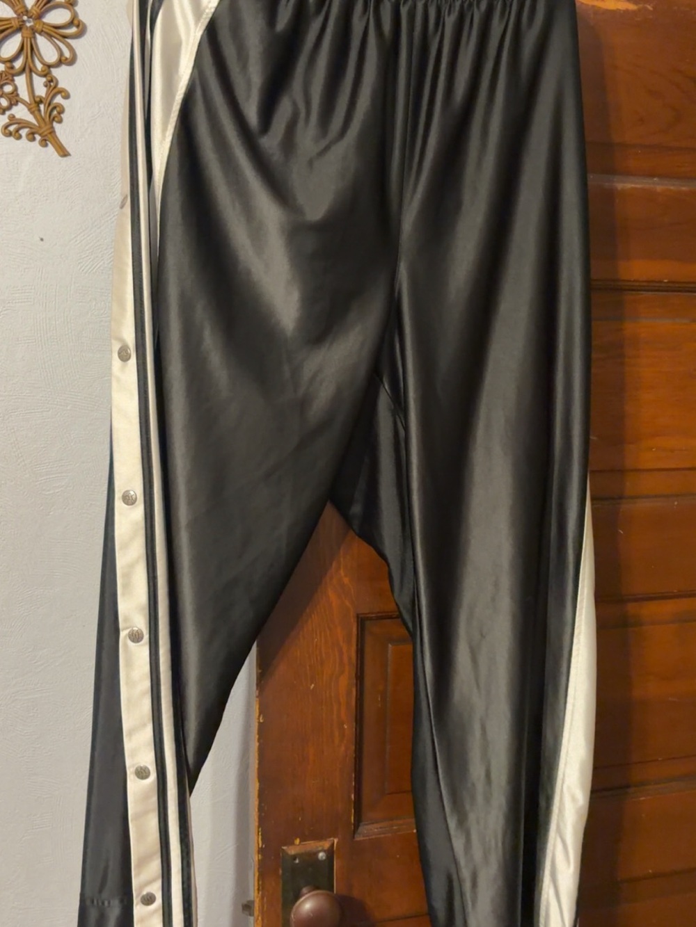 Vintage Black Snap-Button Track Pants with White Stripe